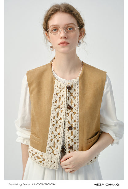 Lace-Trimmed Faux Suede Ethnic-Style Vest