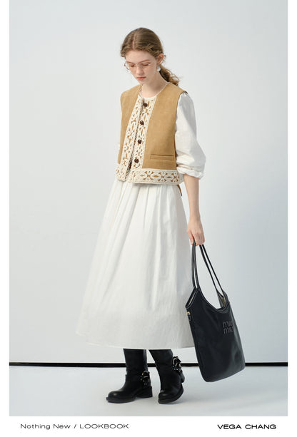 Lace-Trimmed Faux Suede Ethnic-Style Vest