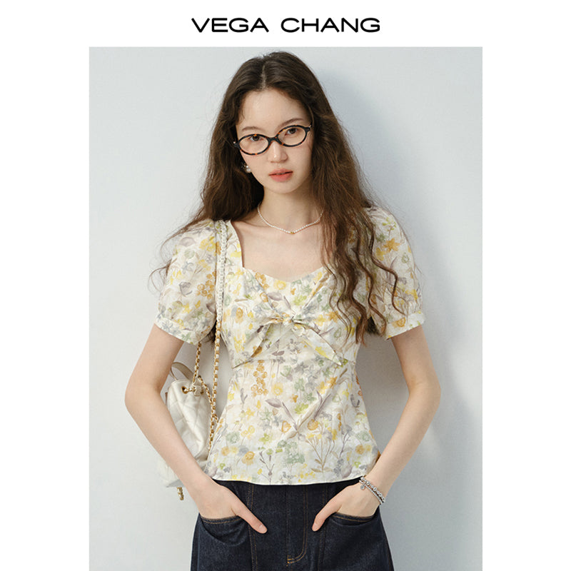Floral Puff-Sleeve Knotted Blouse