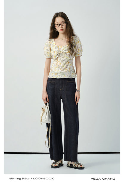 Floral Puff-Sleeve Knotted Blouse