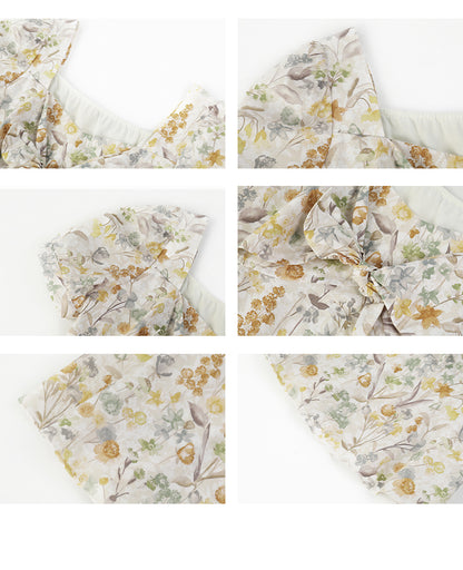 Floral Puff-Sleeve Knotted Blouse