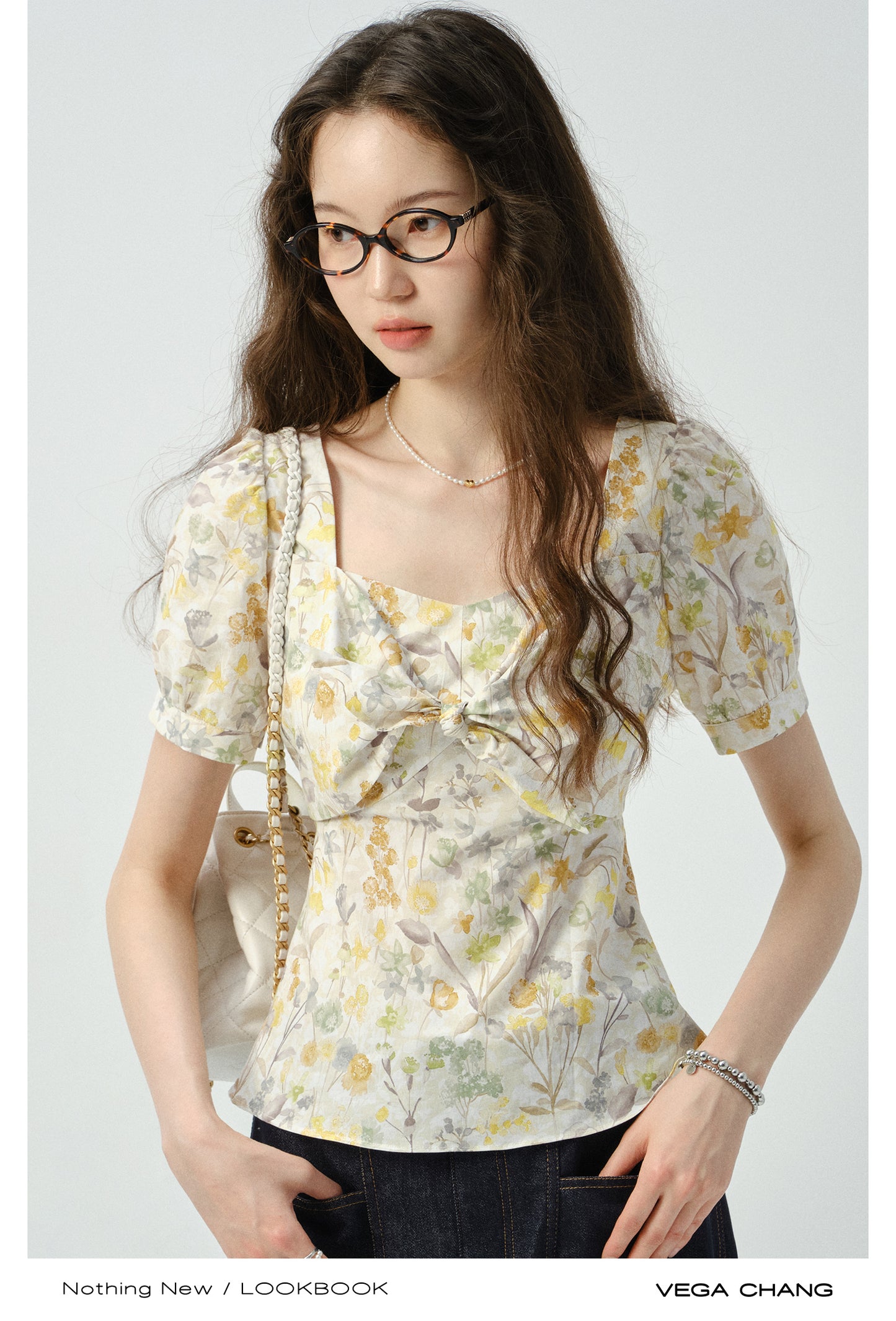 Floral Puff-Sleeve Knotted Blouse