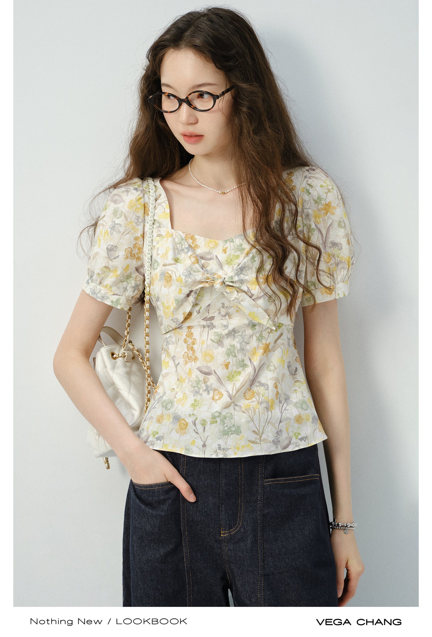 Floral Puff-Sleeve Knotted Blouse