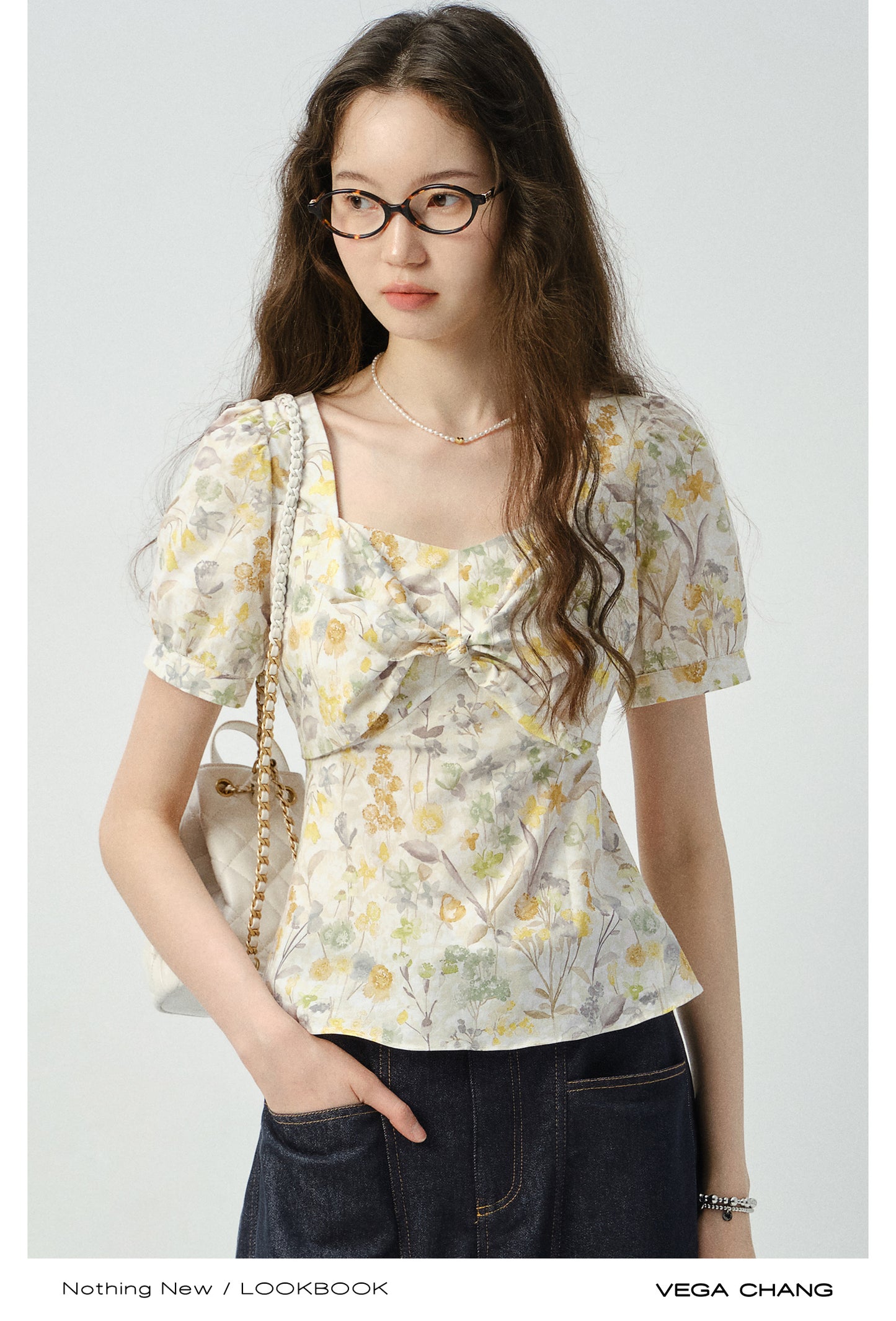 Floral Puff-Sleeve Knotted Blouse