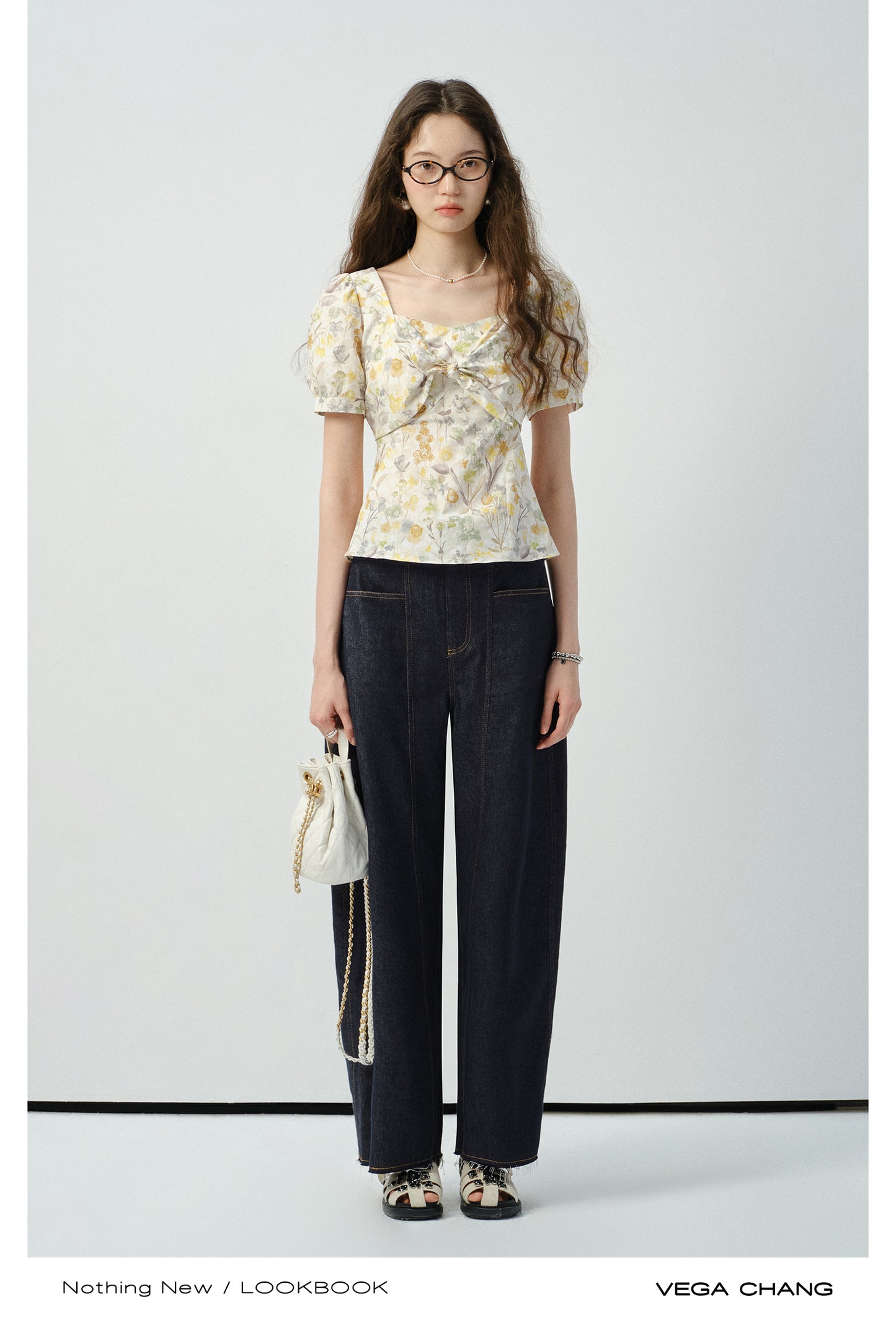 Floral Puff-Sleeve Knotted Blouse