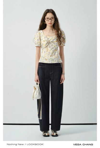 Floral Puff-Sleeve Knotted Blouse