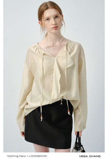 Minimalist Loose-Fit Blouse With Tie Neck