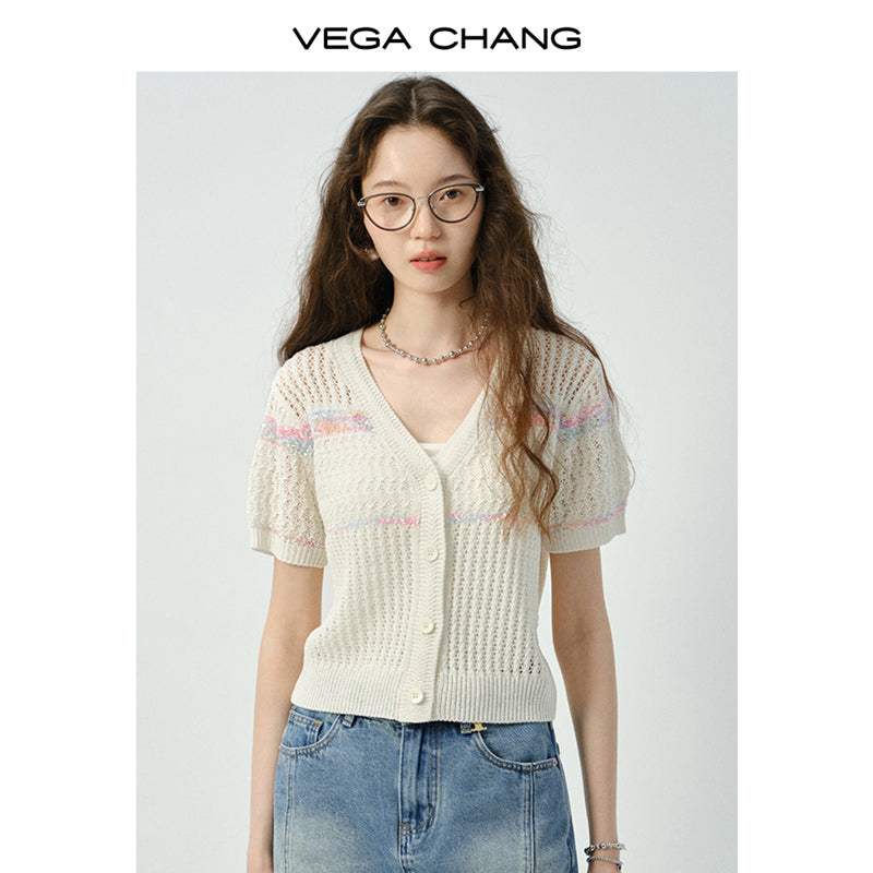 Short-Sleeved Lace-Knit Cardigan & Denim Skirt