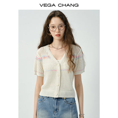 Short-Sleeved Lace-Knit Cardigan & Denim Skirt