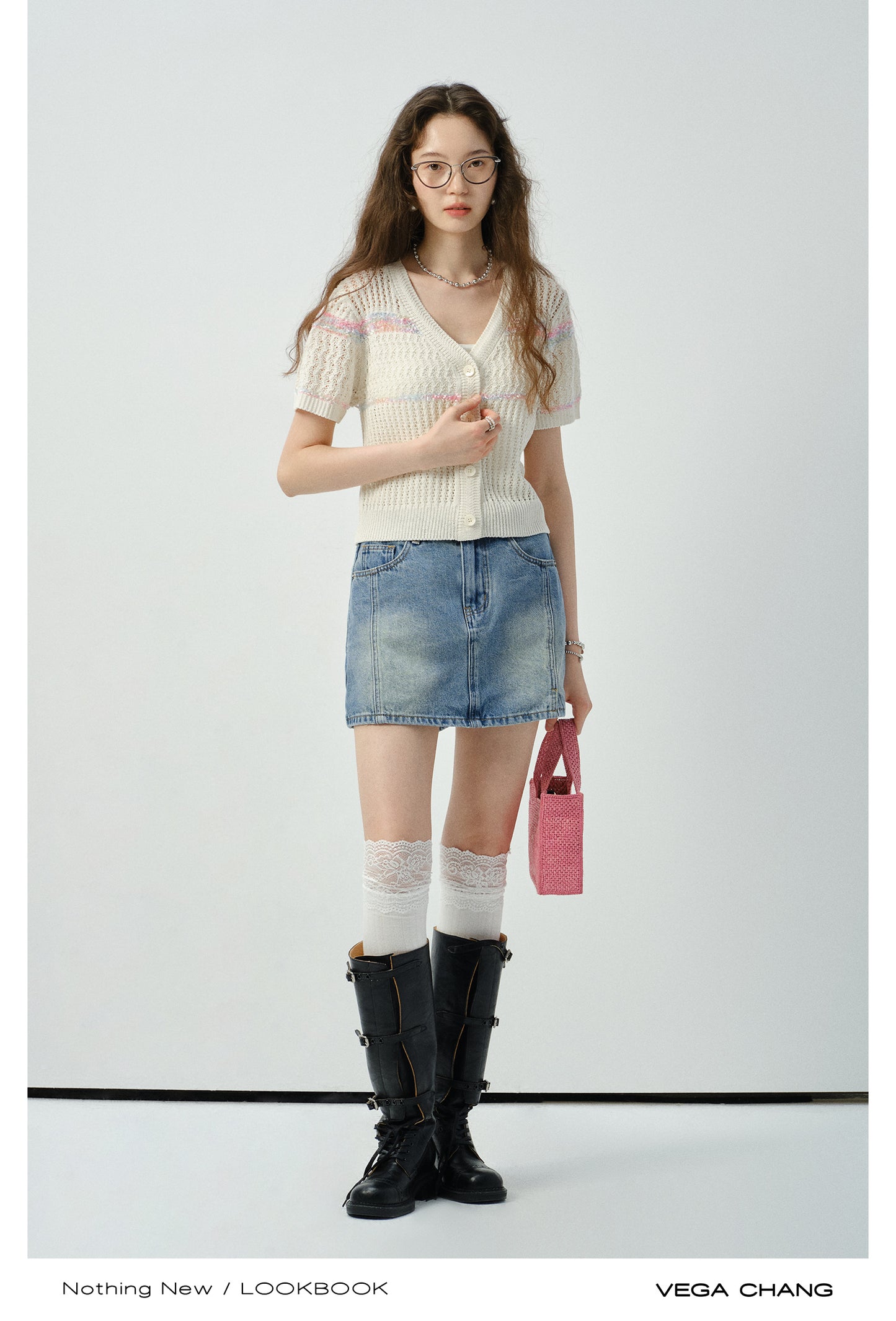Short-Sleeved Lace-Knit Cardigan & Denim Skirt