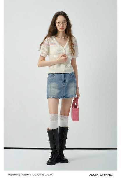 Short-Sleeved Lace-Knit Cardigan & Denim Skirt