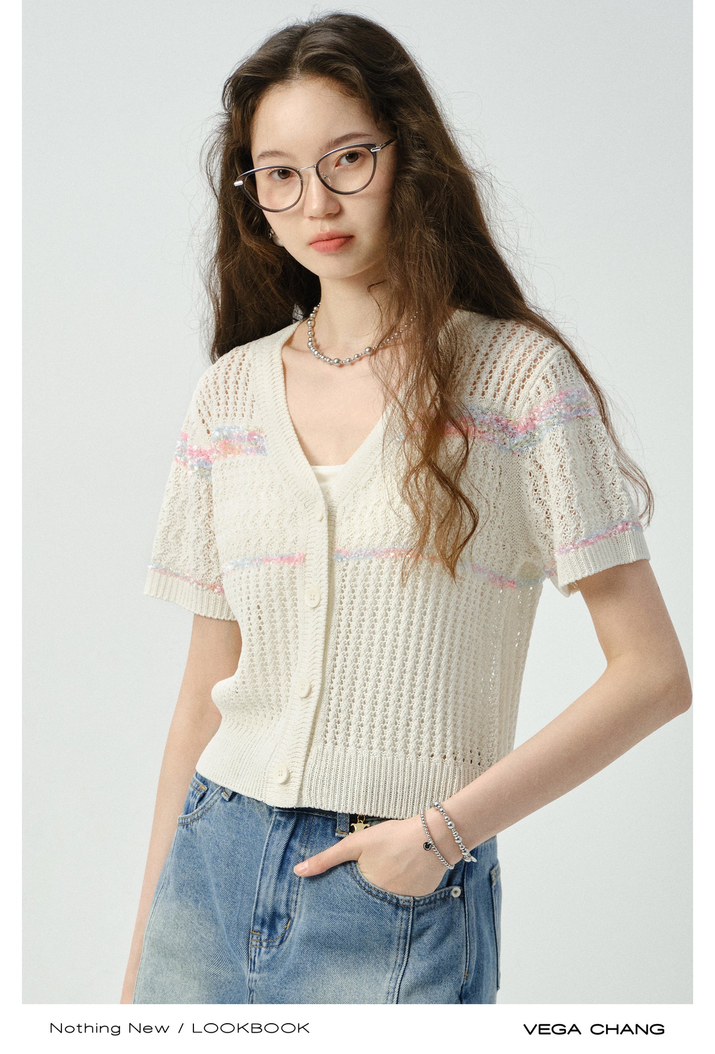 Short-Sleeved Lace-Knit Cardigan & Denim Skirt