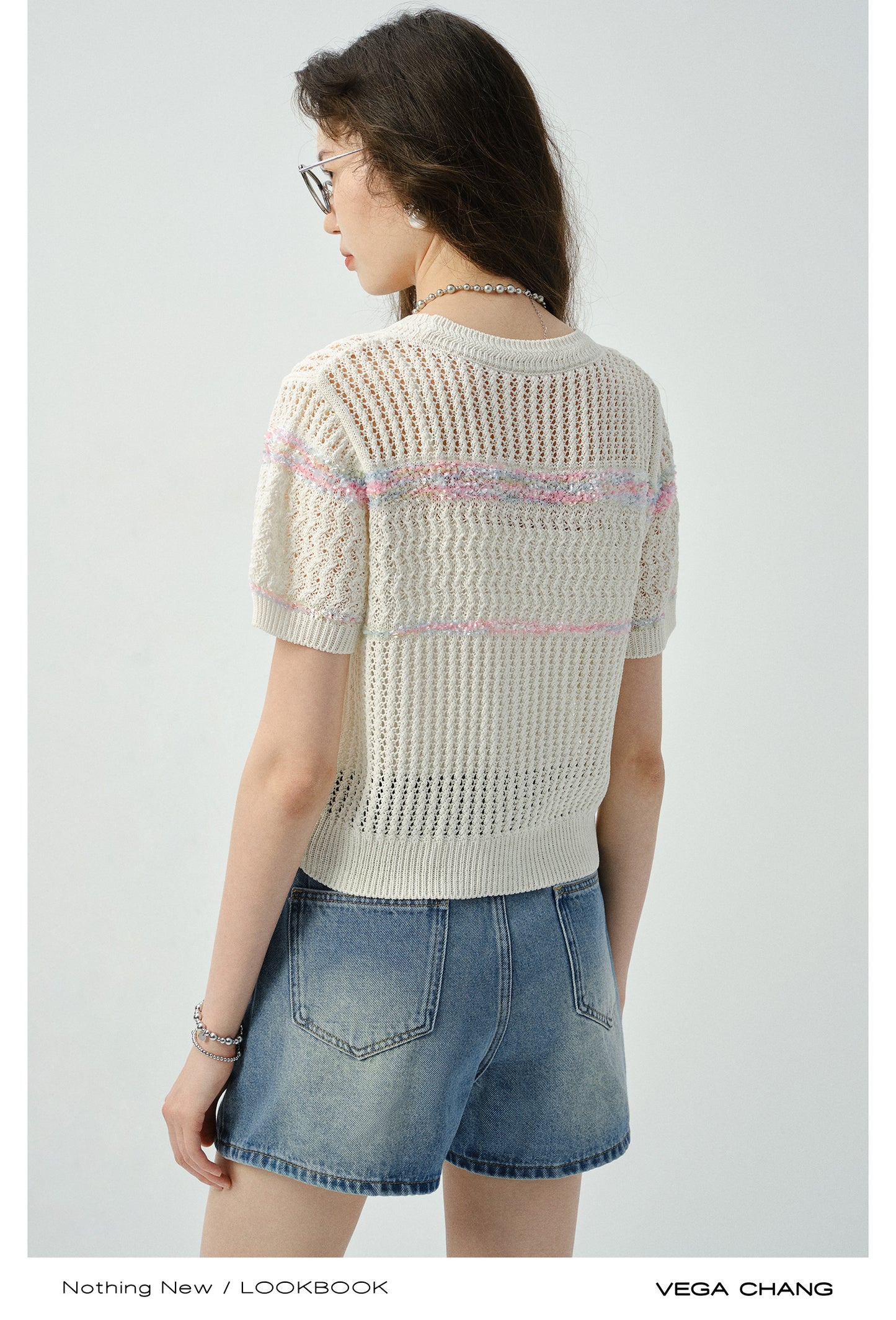 Short-Sleeved Lace-Knit Cardigan & Denim Skirt