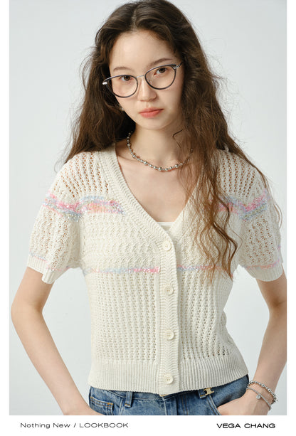 Short-Sleeved Lace-Knit Cardigan & Denim Skirt