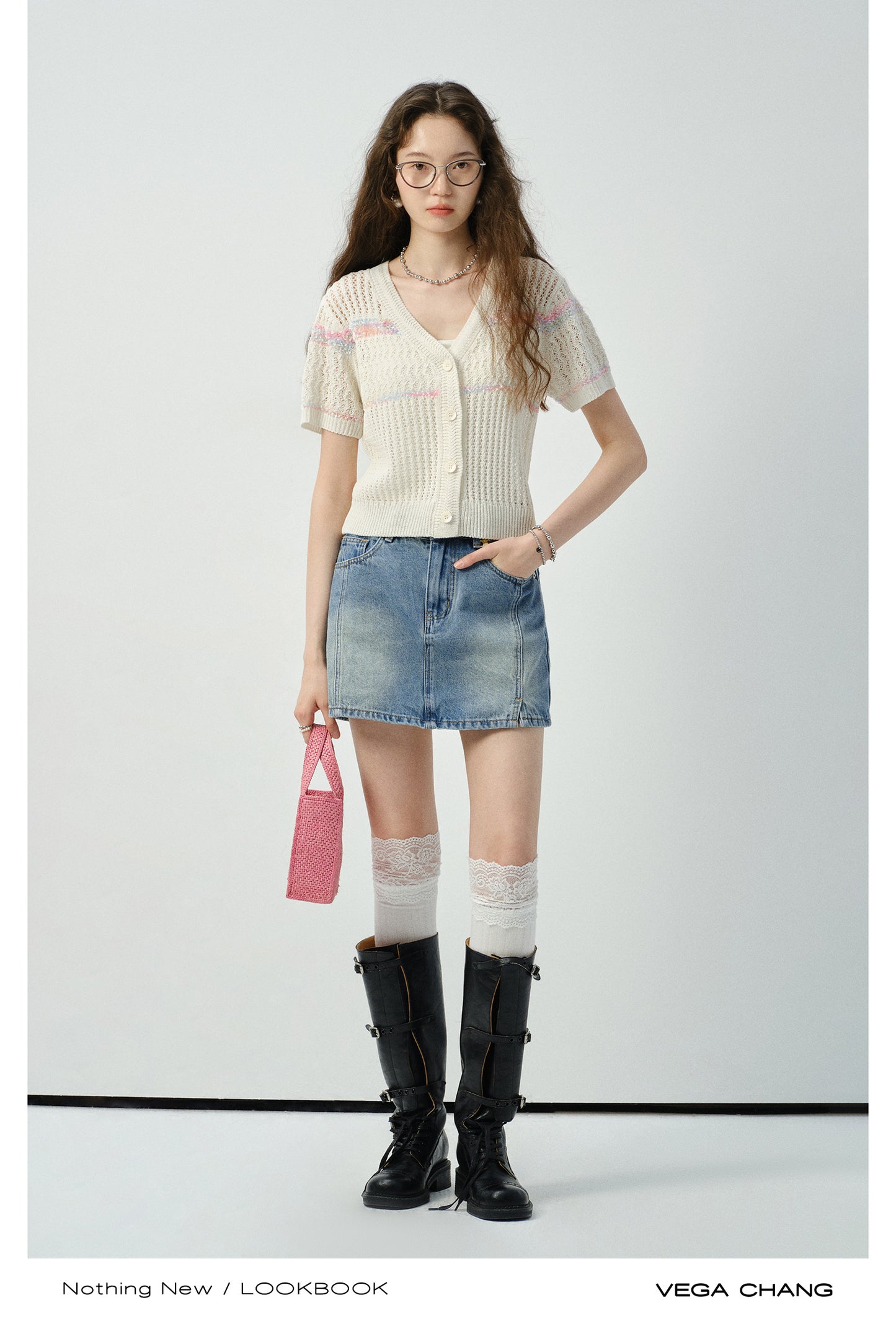 Short-Sleeved Lace-Knit Cardigan & Denim Skirt