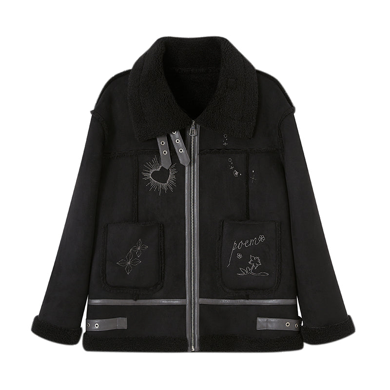 Faux Fur Trim Embroidered Leather-Look Jacket