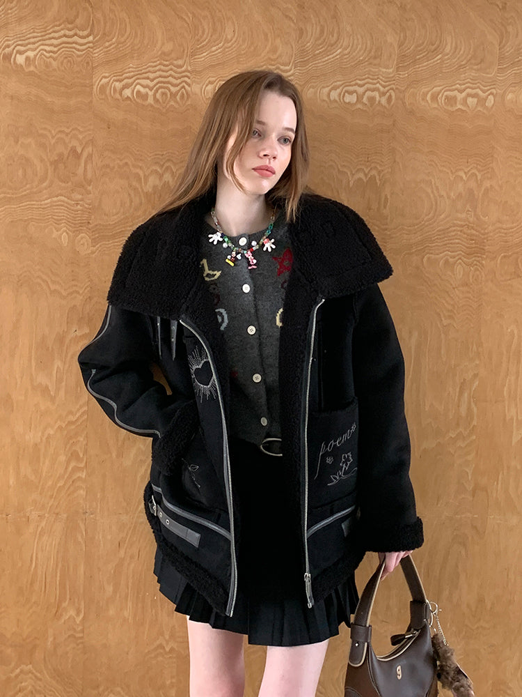 Faux Fur Trim Embroidered Leather-Look Jacket