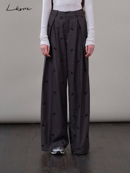 High-Waist Pleated Pants With Bow Motif