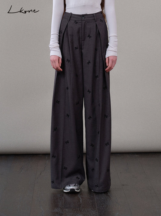 High-Waist Pleated Pants With Bow Motif