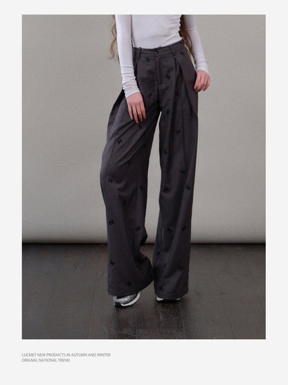 High-Waist Pleated Pants With Bow Motif