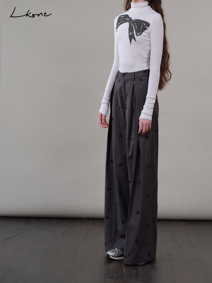 High-Waist Pleated Pants With Bow Motif
