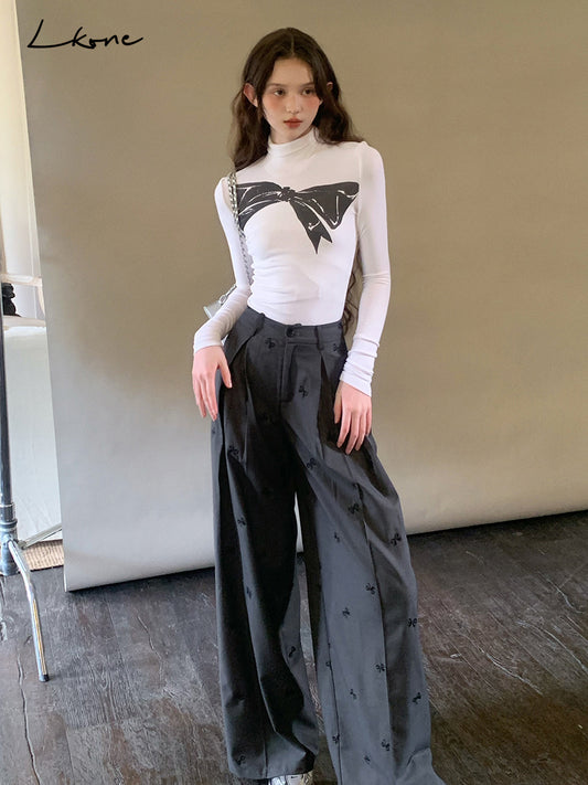 High-Waist Pleated Pants With Bow Motif