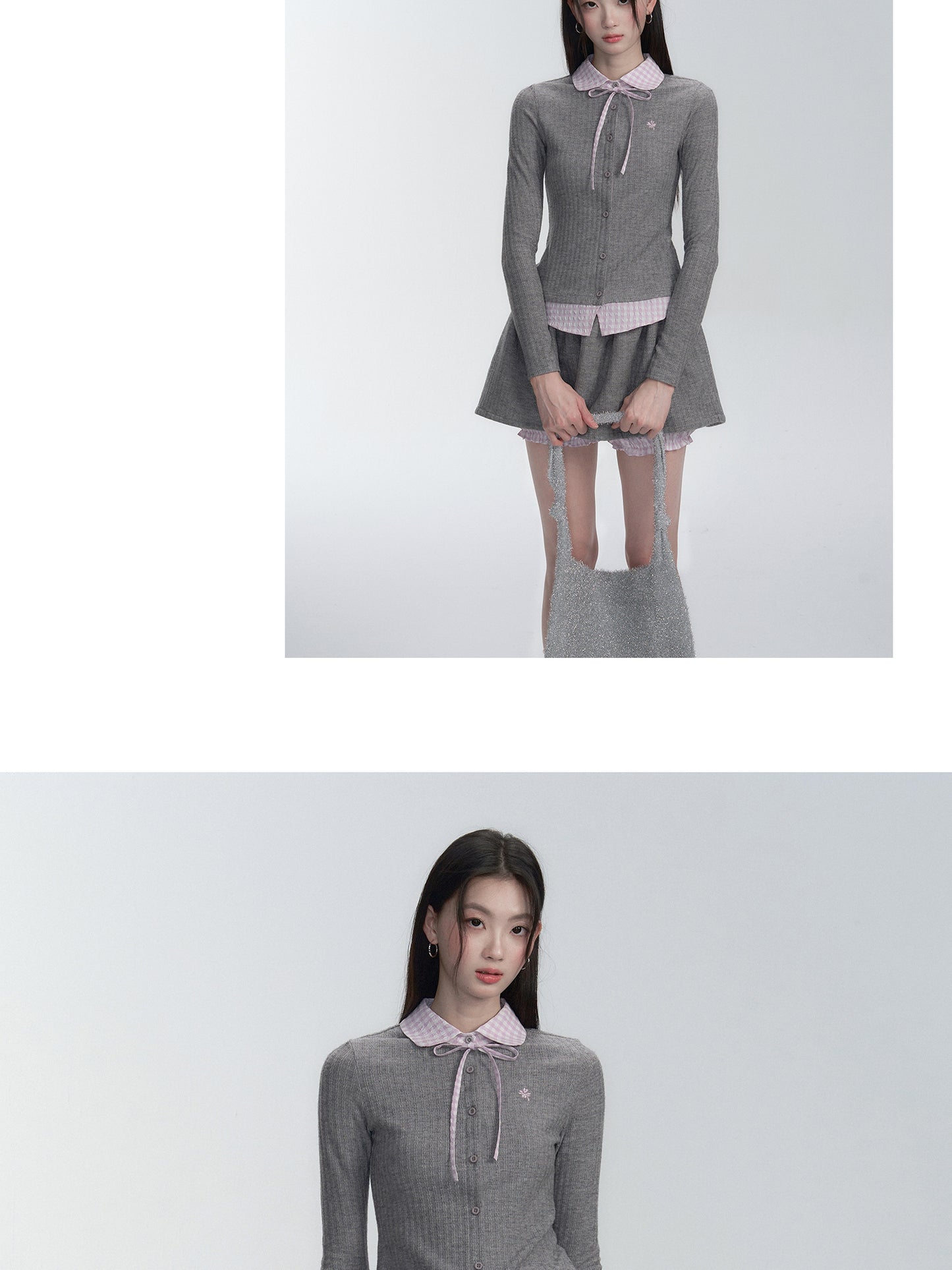 Seersucker Gingham Faux-Layered Knit Blouse And Skirt