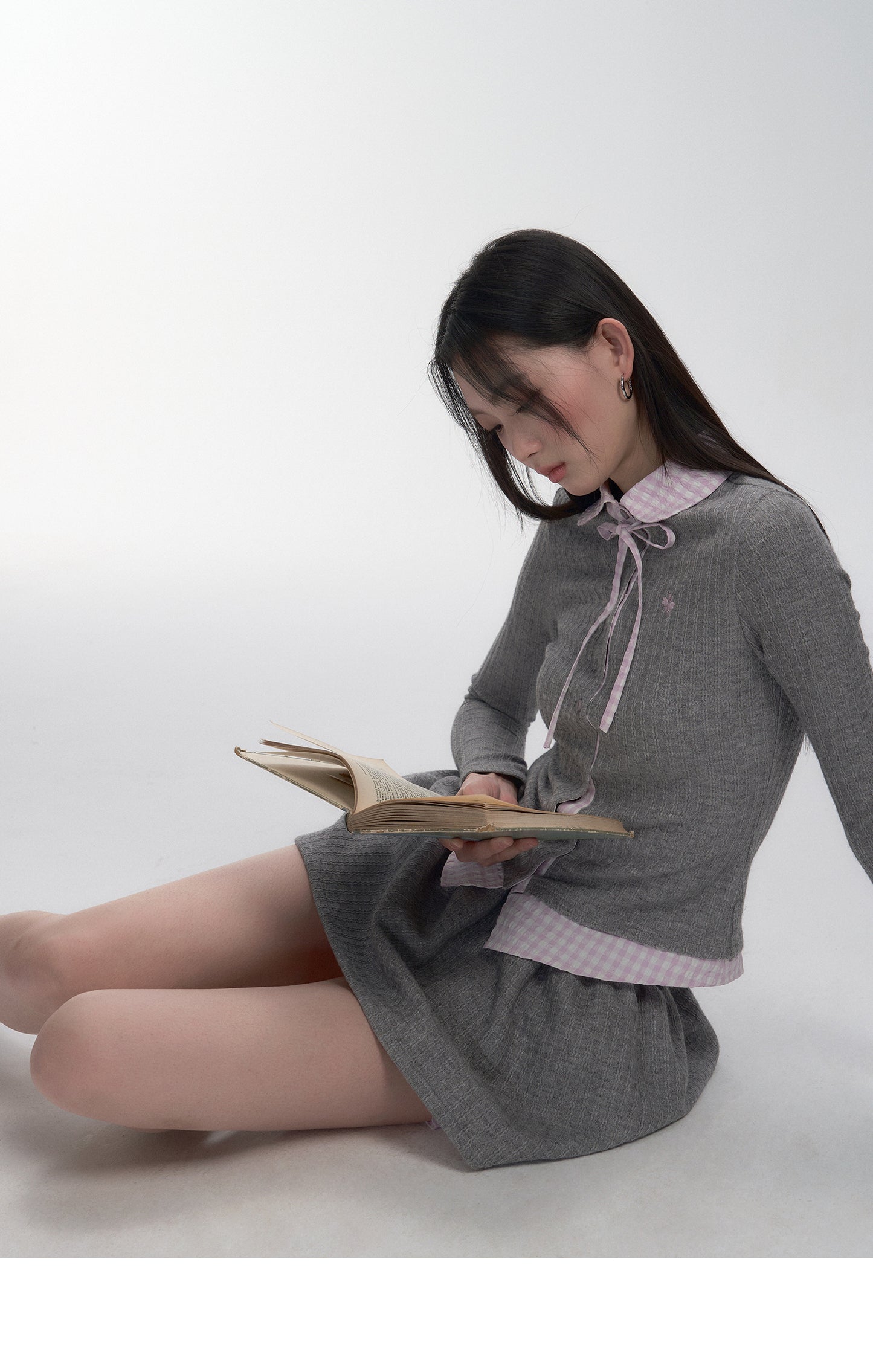 Seersucker Gingham Faux-Layered Knit Blouse And Skirt