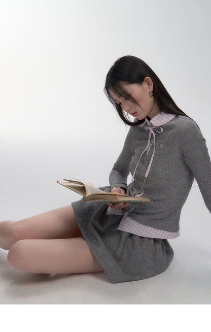 Seersucker Gingham Faux-Layered Knit Blouse And Skirt