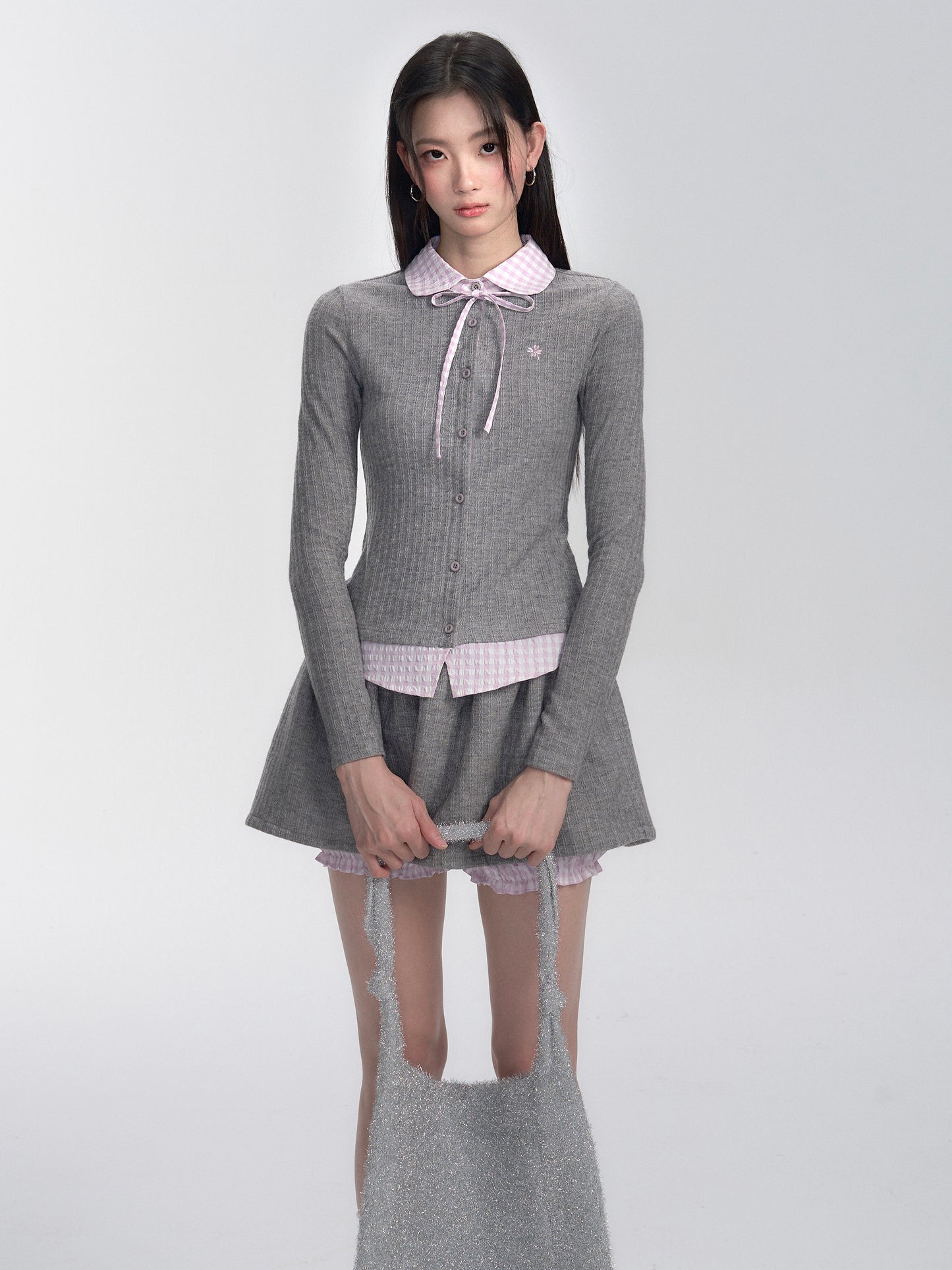 Seersucker Gingham Faux-Layered Knit Blouse And Skirt