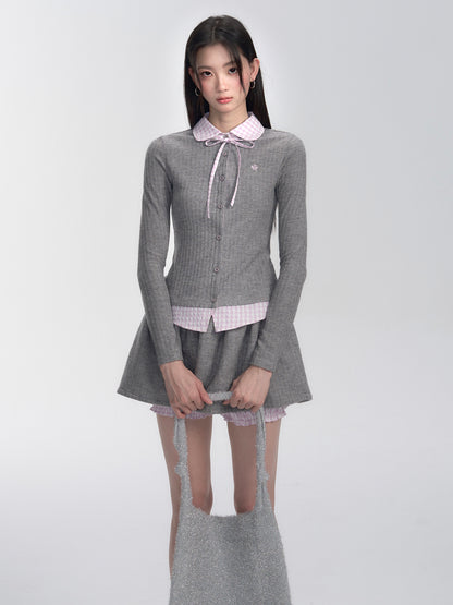 Seersucker Gingham Faux-Layered Knit Blouse And Skirt