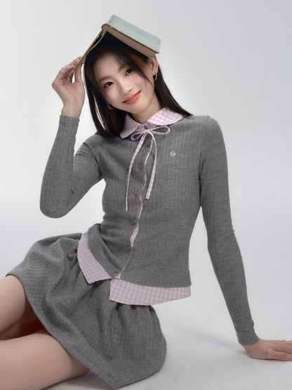 Seersucker Gingham Faux-Layered Knit Blouse And Skirt