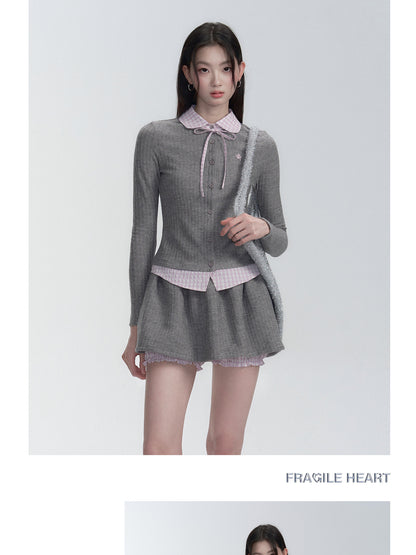Seersucker Gingham Faux-Layered Knit Blouse And Skirt