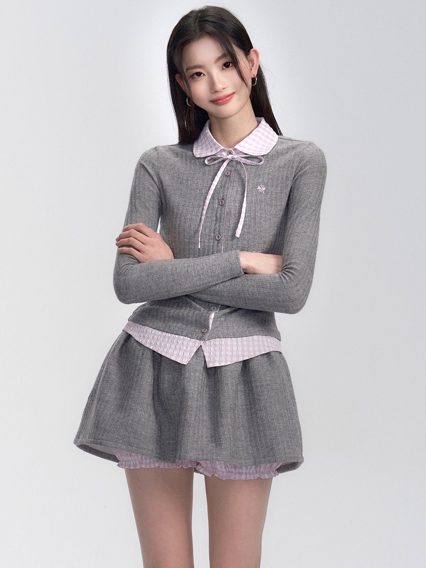 Seersucker Gingham Faux-Layered Knit Blouse And Skirt