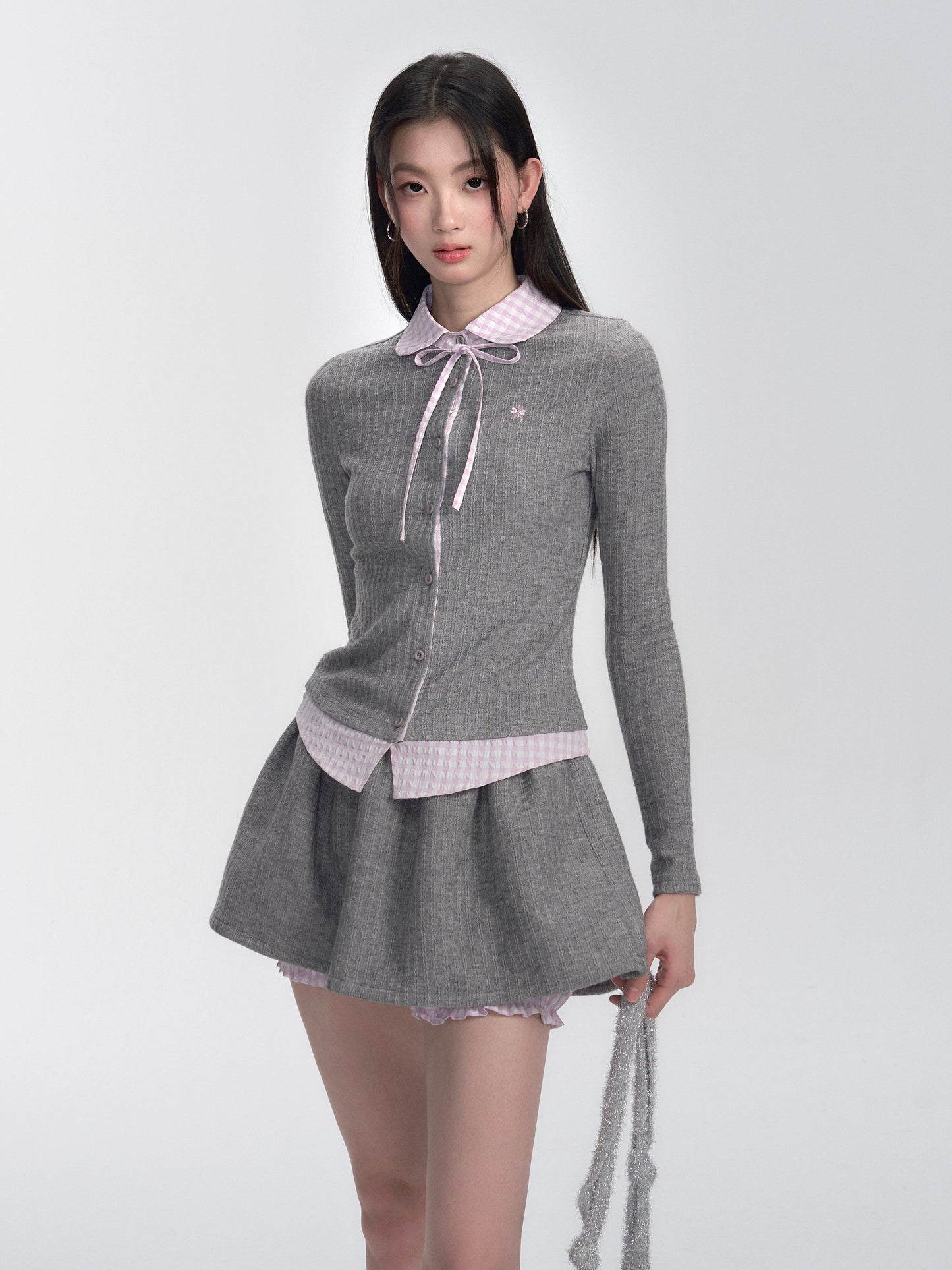 Seersucker Gingham Faux-Layered Knit Blouse And Skirt