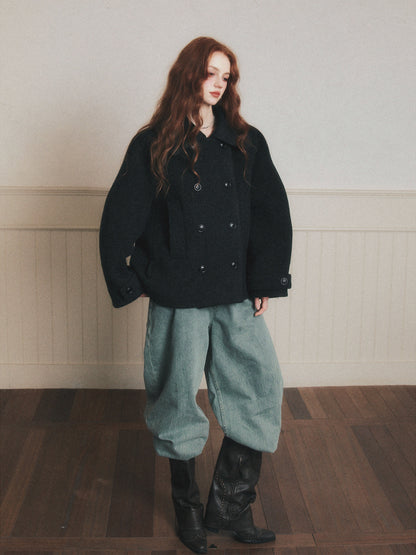 Double-Breasted Oversized Wool Short Coat