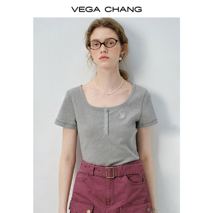 Scoop Neck Half-Button T-Shirt & Belted Cargo Skort