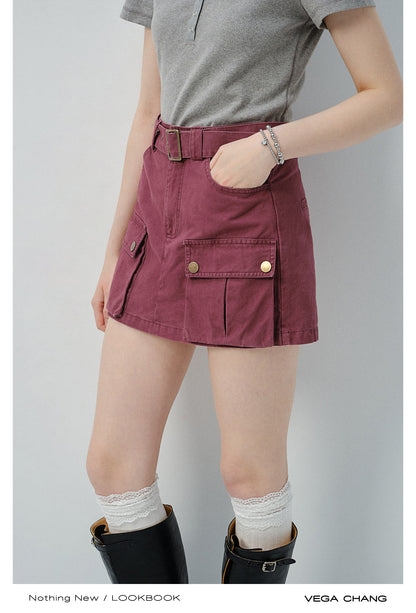 Scoop Neck Half-Button T-Shirt & Belted Cargo Skort