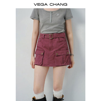 Scoop Neck Half-Button T-Shirt & Belted Cargo Skort
