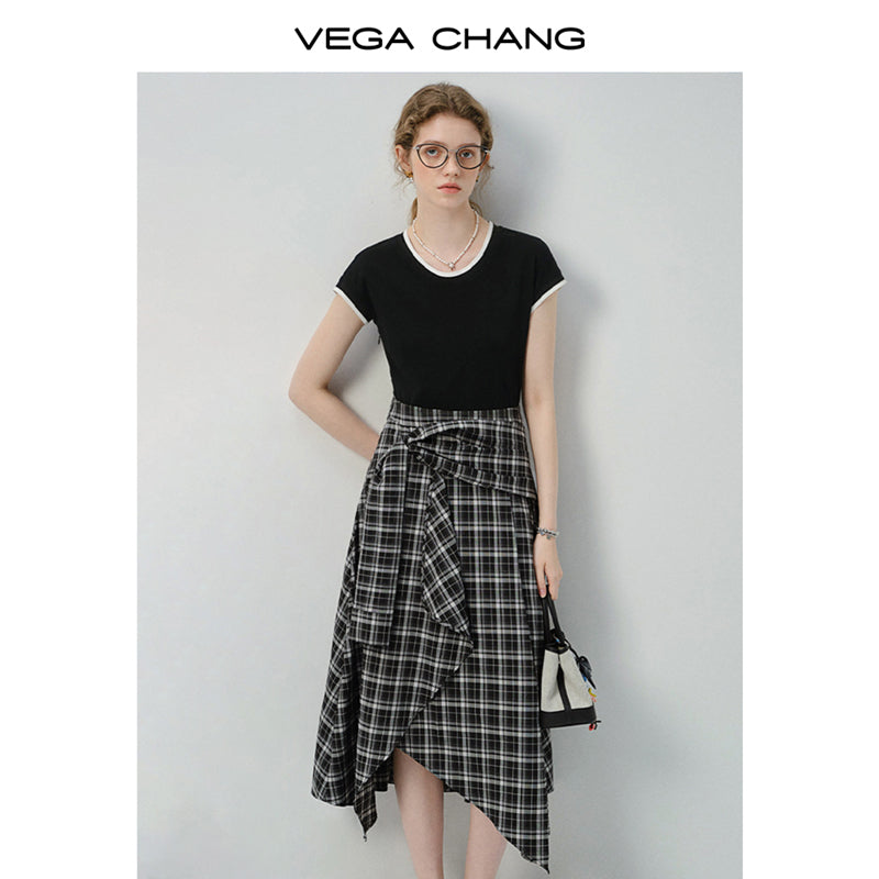 Asymmetric Plaid Faux Two-Piece T-Shirt Dress