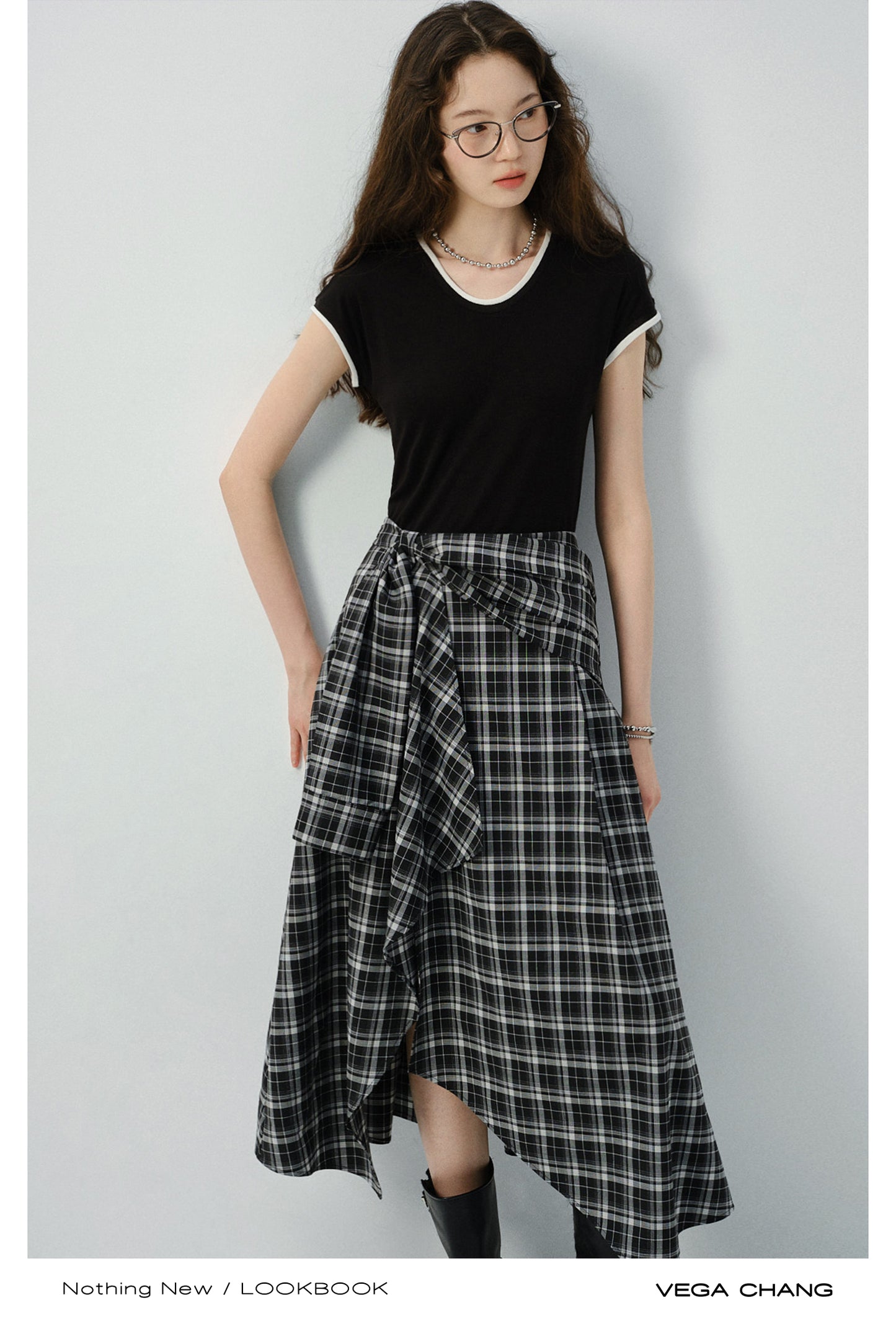 Asymmetric Plaid Faux Two-Piece T-Shirt Dress