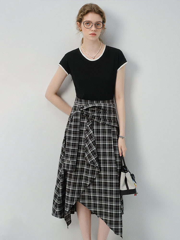 Asymmetric Plaid Faux Two-Piece T-Shirt Dress
