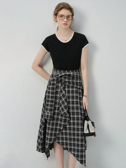 Asymmetric Plaid Faux Two-Piece T-Shirt Dress