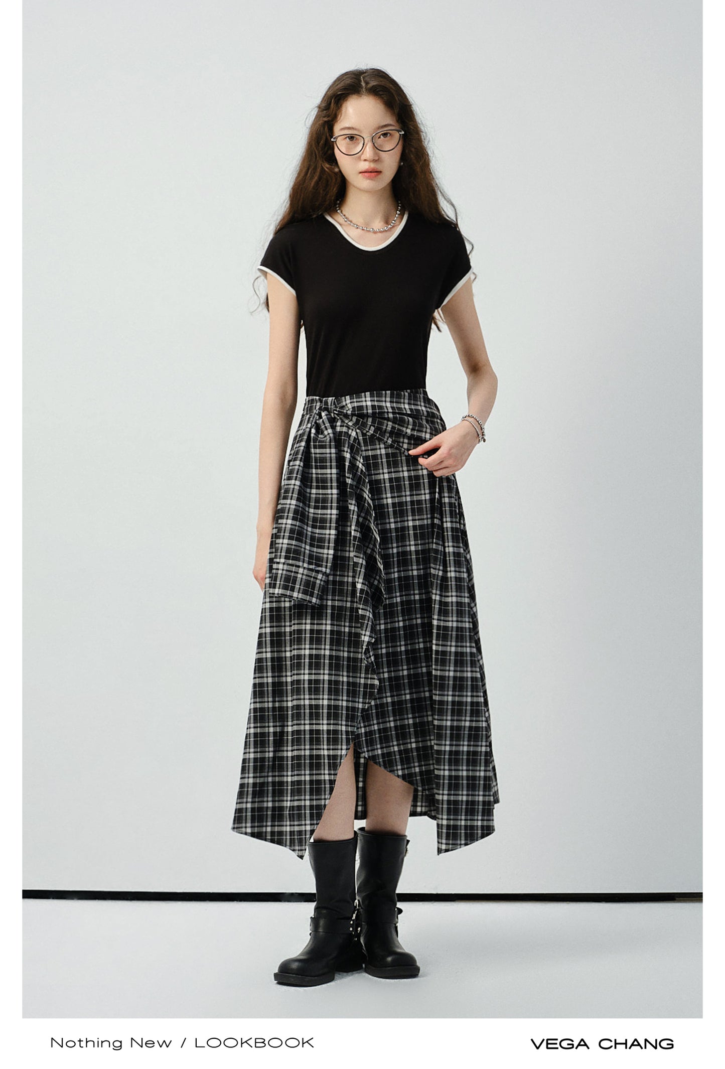 Asymmetric Plaid Faux Two-Piece T-Shirt Dress