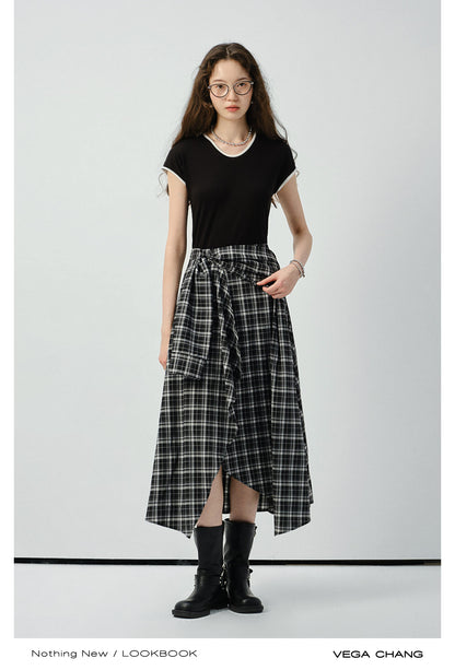 Asymmetric Plaid Faux Two-Piece T-Shirt Dress