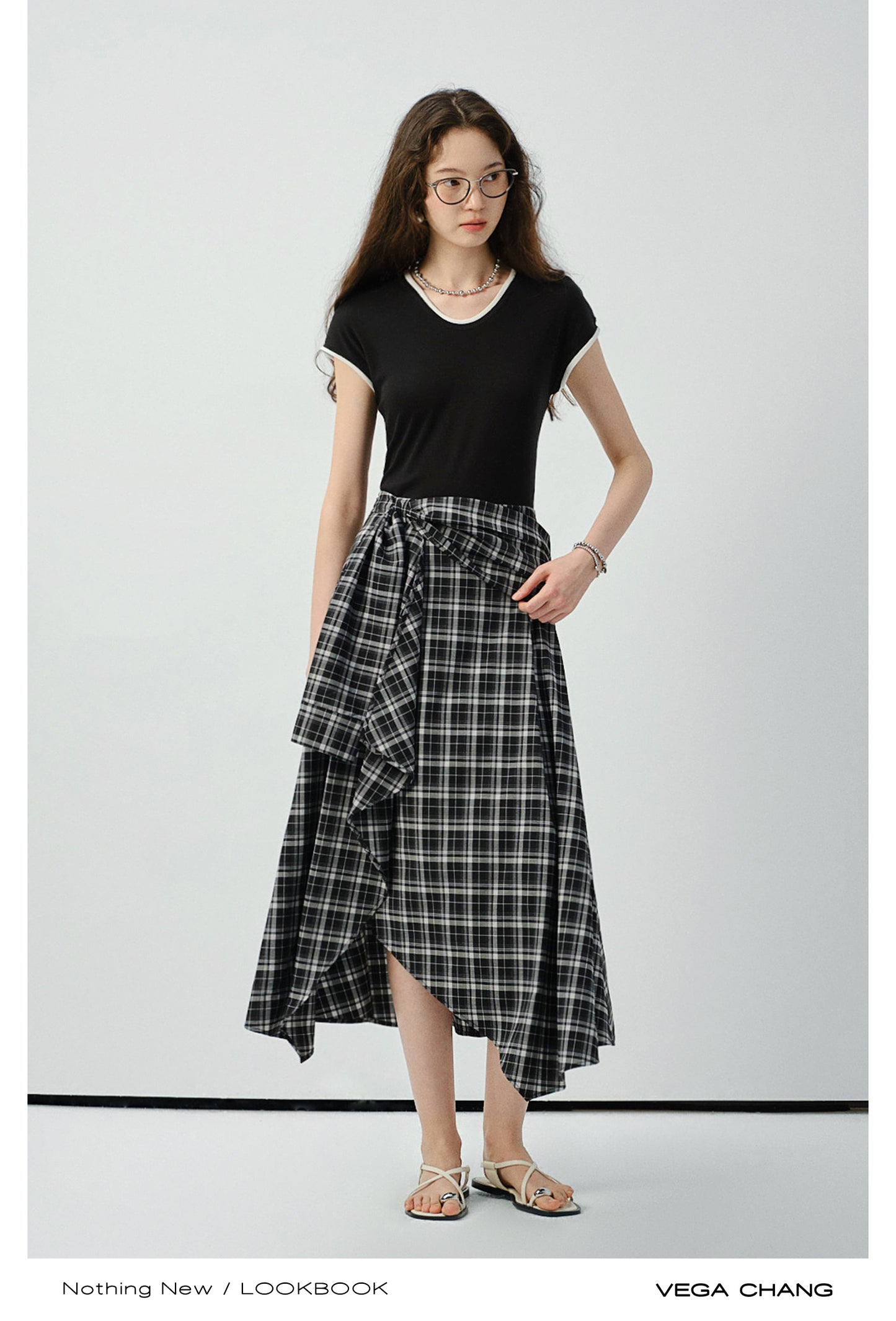Asymmetric Plaid Faux Two-Piece T-Shirt Dress