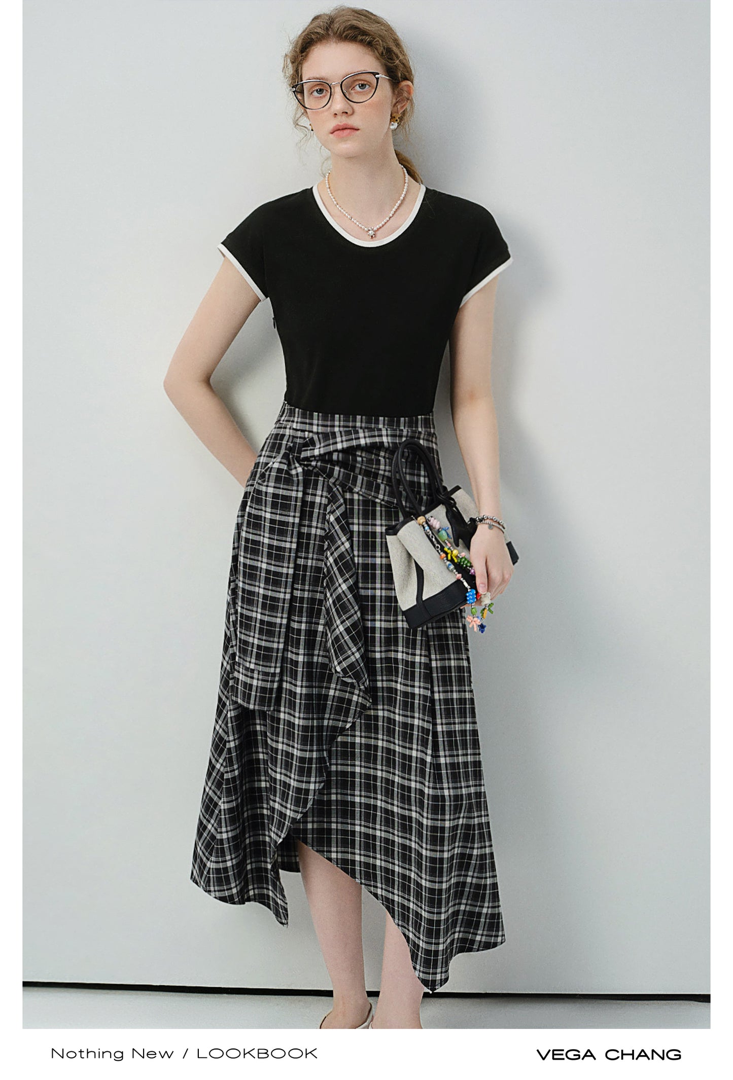 Asymmetric Plaid Faux Two-Piece T-Shirt Dress
