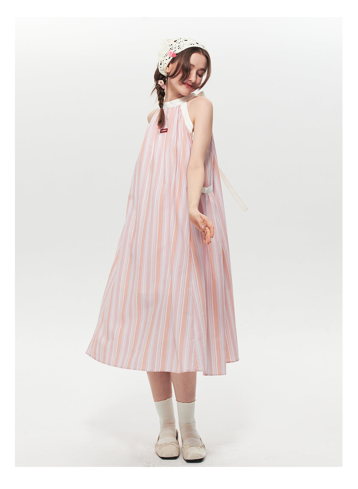 Retro Striped Wide A-Line Dress With Tie Neck