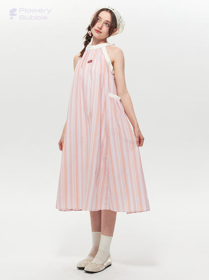 Retro Striped Wide A-Line Dress With Tie Neck
