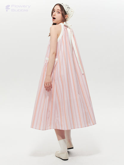 Retro Striped Wide A-Line Dress With Tie Neck